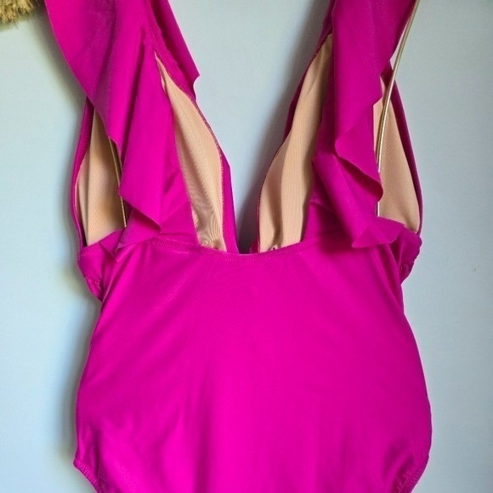 J. Crew NEW Radiant Fuchsia Pink Ruched Ruffle V-Neck One Piece Swimsuit SZ 14 - Picture 6 of 11